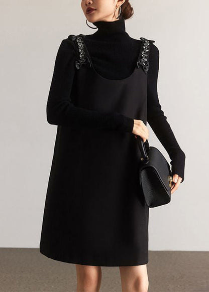 Italian Black O-neck Zircon Patchwork Cotton Mid Dress Sleeveless