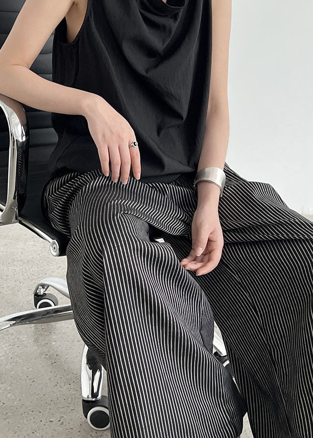 Italian Black Oversized Striped Cotton Wide Leg Pants Spring