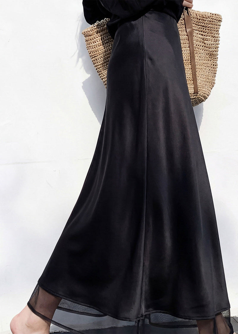 Italian Black Patchwork High Waist Silk Skirt Spring