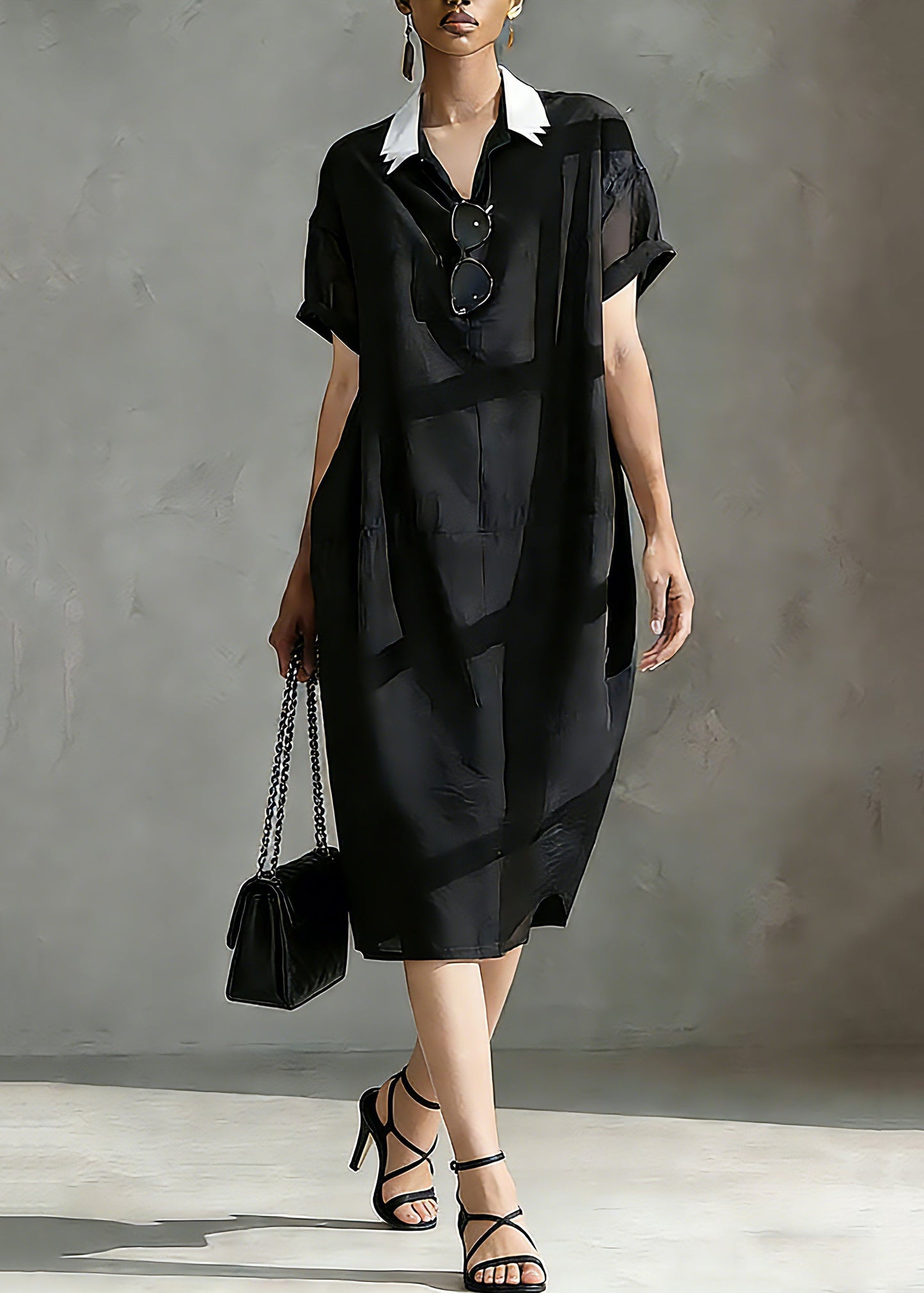 Italian Black Peter Pan Collar Patchwork Vacation Long Dresses Short Sleeve