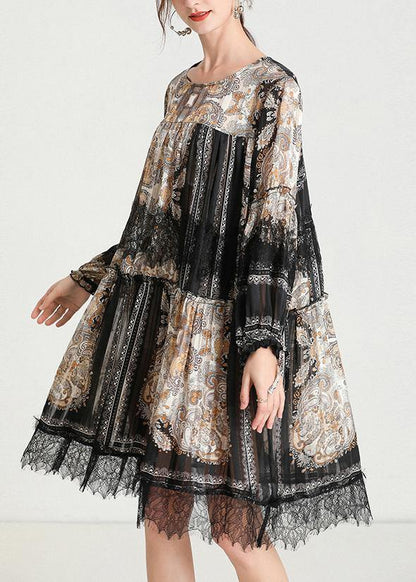 Italian Black Print Chiffon O-neck Summer Party Dress