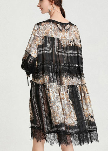 Italian Black Print Chiffon O-neck Summer Party Dress