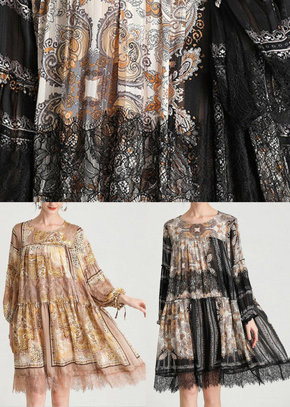Italian Black Print Chiffon O-neck Summer Party Dress
