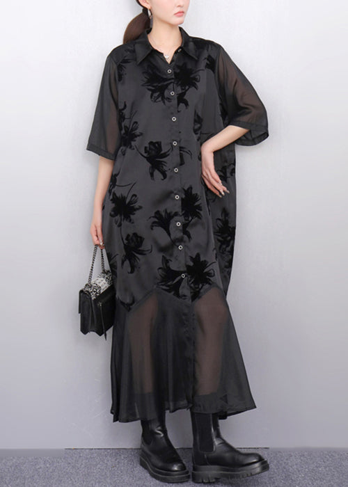 Italian Black Print Tulle Patchwork Blouses Dresses Half Sleeve