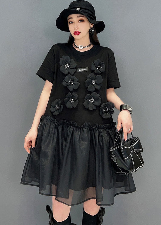 Italian Black Ruffled Tulle Patchwork Cotton Mid Dress Short Sleeve