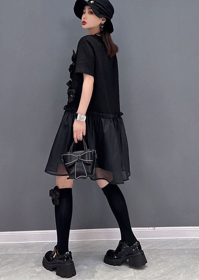Italian Black Ruffled Tulle Patchwork Cotton Mid Dress Short Sleeve