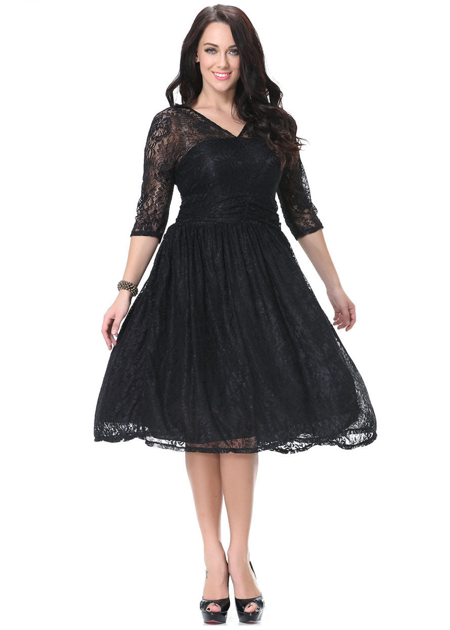 Italian Black V Neck Hollow Out Wrinkled Lace Mid Dress Bracelet Sleeve
