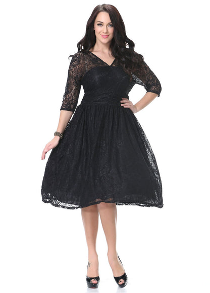 Italian Black V Neck Hollow Out Wrinkled Lace Mid Dress Bracelet Sleeve
