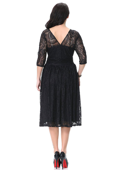 Italian Black V Neck Hollow Out Wrinkled Lace Mid Dress Bracelet Sleeve