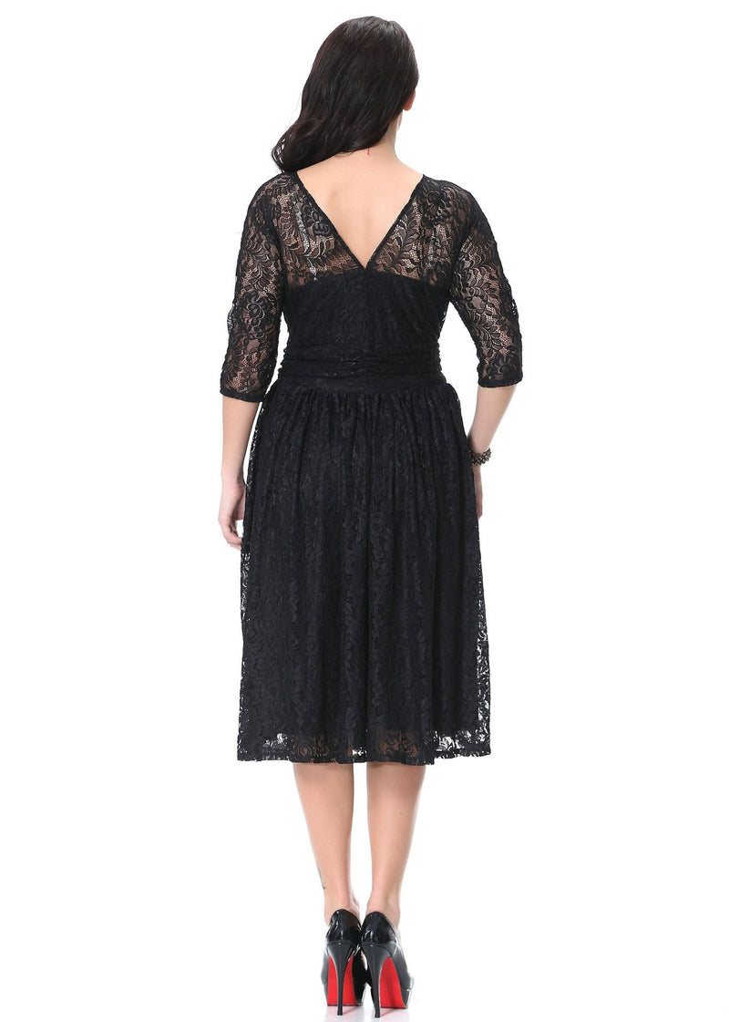 Italian Black V Neck Hollow Out Wrinkled Lace Mid Dress Bracelet Sleeve
