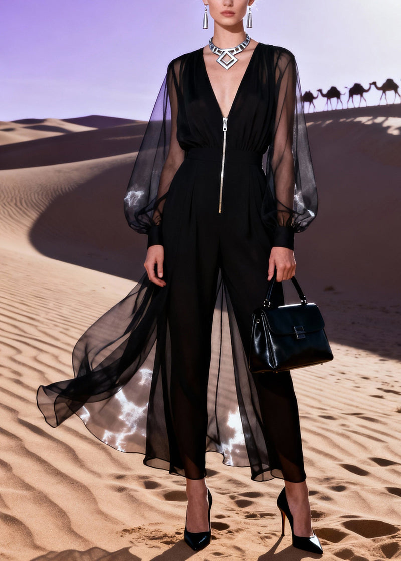 Italian Black V Neck Patchwork Tulle Jumpsuit Lantern Sleeve