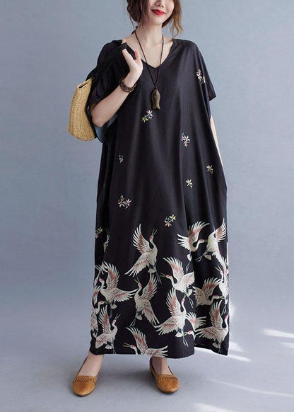 Italian Gray Bamboo V Neck Pockets Print Summer Holiday Dress Short Sleeve