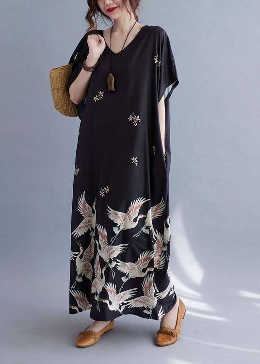 Italian Gray Bamboo V Neck Pockets Print Summer Holiday Dress Short Sleeve