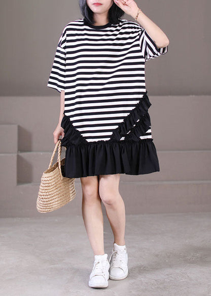 Italian Black White Striped O-neck Patchwork Ruffled Robe Dresses Short Sleeve