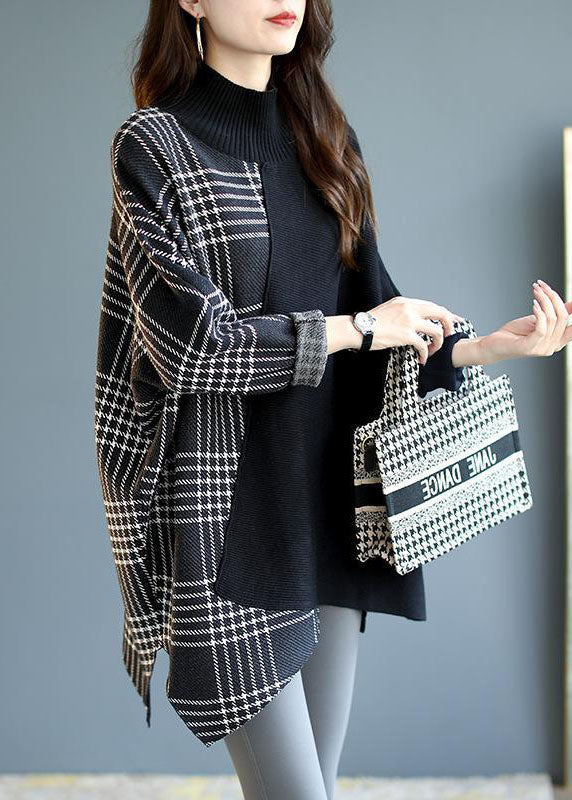 Italian Black Asymmetrical Design Patchwork Plaid Fall Knit Sweaters