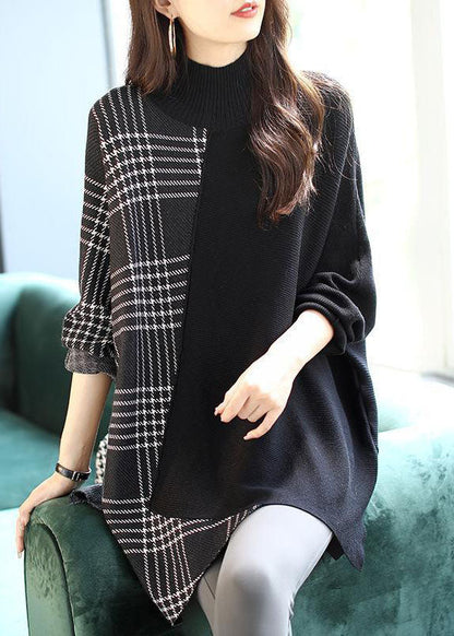 Italian Black Asymmetrical Design Patchwork Plaid Fall Knit Sweaters