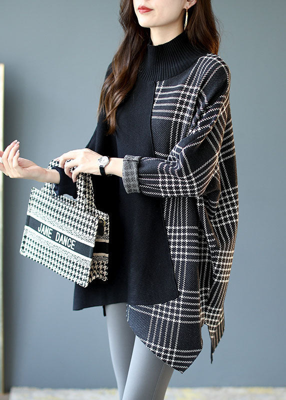 Italian Black Asymmetrical Design Patchwork Plaid Fall Knit Sweaters