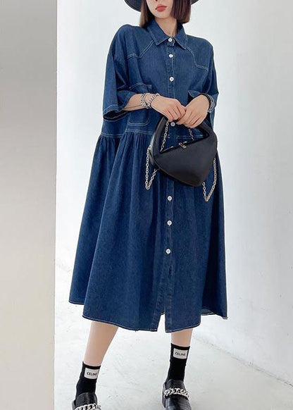 Italian Blue Button Pockets Denim Dresses Summer