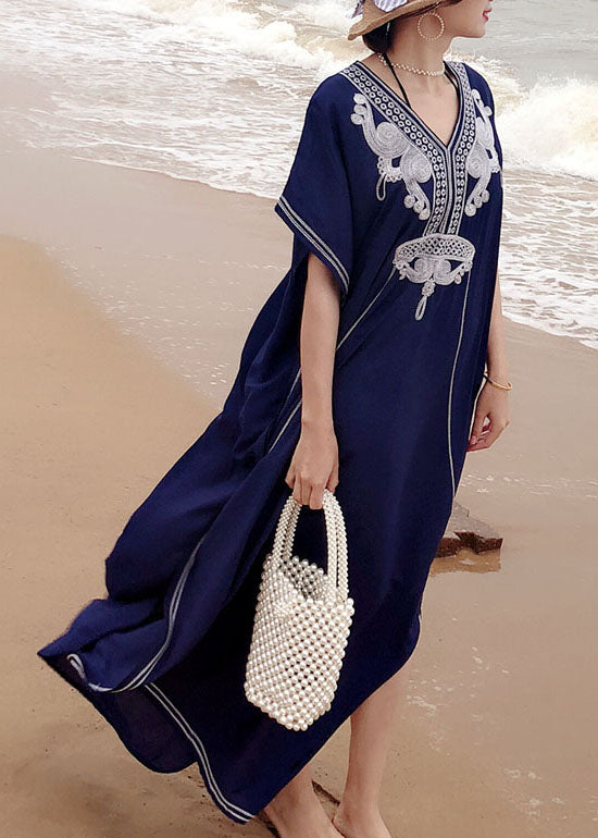 Italian Blue Embroideried Side Open Kimono Robe Maxi Dresses Summer Cotton