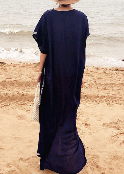 Italian Blue Embroideried Side Open Kimono Robe Maxi Dresses Summer Cotton