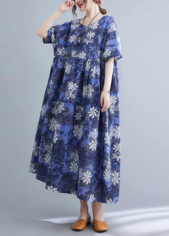 Italian Blue O-neck Cinched Print Maxi Dresses Short Sleeve