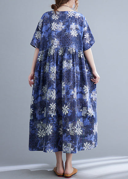 Italian Blue O-neck Cinched Print Maxi Dresses Short Sleeve