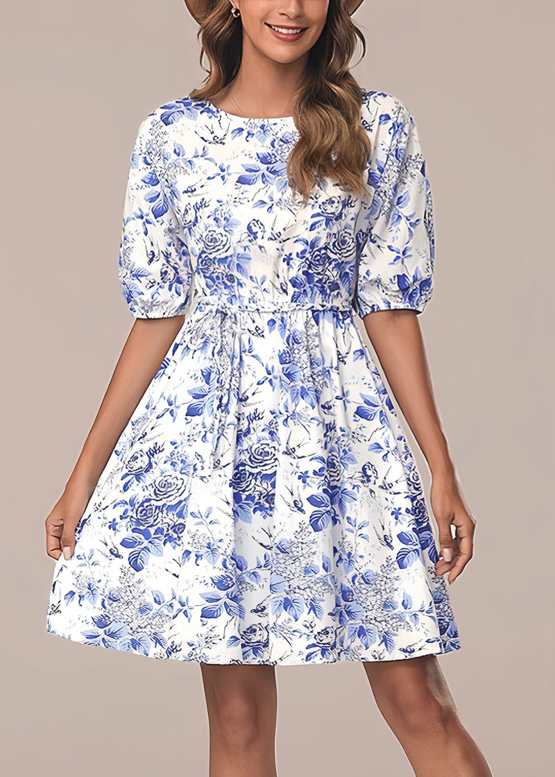 Italian Blue O Neck Print Tie Waist Cotton Mid Dress Summer