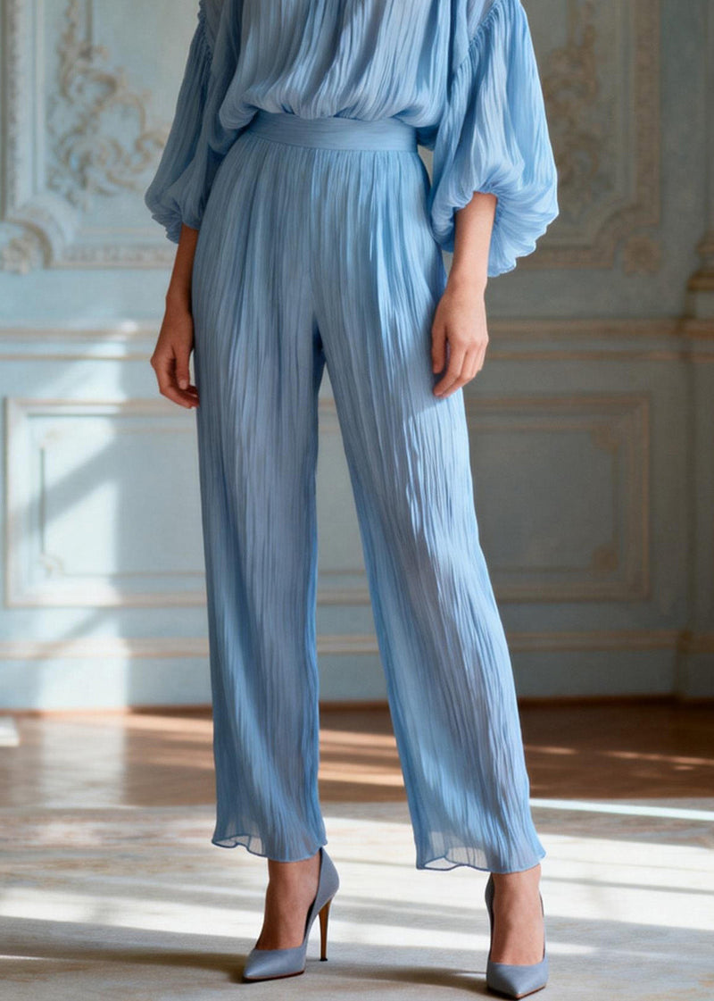 Italian Blue O-neck Ruffled Patchwork Silk Two-piece Set Summer