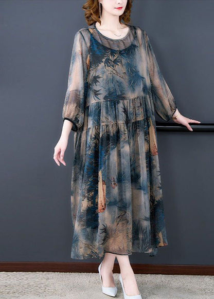 Italian Blue O-neck Wrinkled Print Patchwork Silk Dress Two Pieces Set Summer