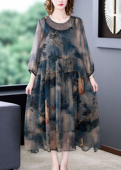 Italian Blue O-neck Wrinkled Print Patchwork Silk Dress Two Pieces Set Summer