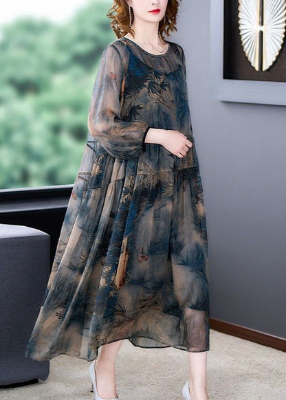 Italian Blue O-neck Wrinkled Print Patchwork Silk Dress Two Pieces Set Summer