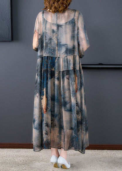 Italian Blue O-neck Wrinkled Print Patchwork Silk Dress Two Pieces Set Summer
