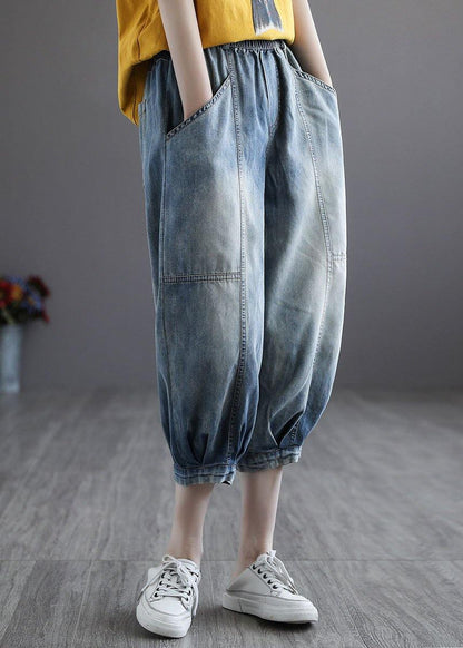 Italian Blue Pockets Elastic Waist Harem Pants Denim