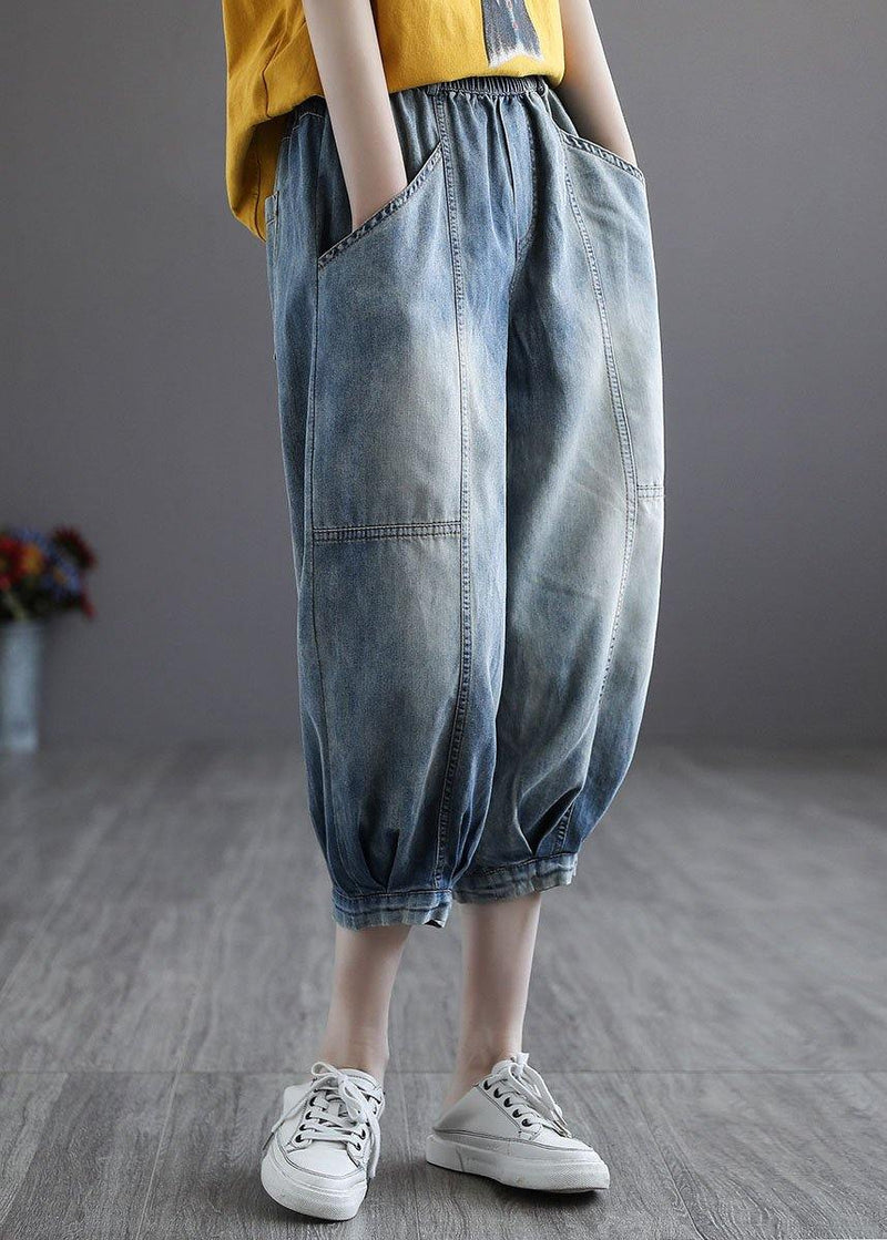 Italian Blue Pockets Elastic Waist Harem Pants Denim