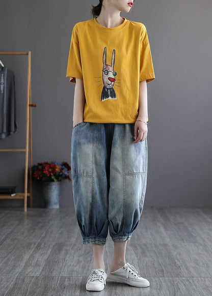Italian Blue Pockets Elastic Waist Harem Pants Denim
