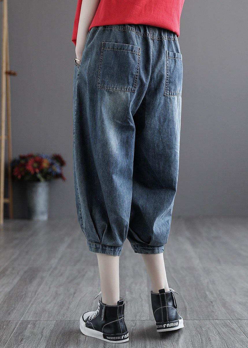 Italian Blue Pockets Elastic Waist Harem Pants Denim