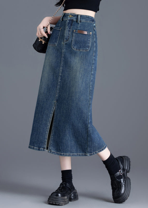 Italian Blue Side Open Silm Fit Denim a Line Skirt Spring