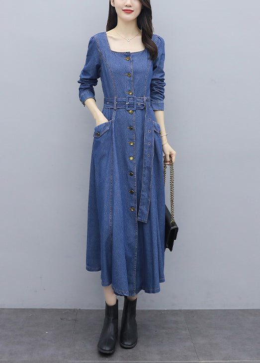 Italian Blue Square Collar Button Pockets Sashes Cotton Denim Long Dresses Long Sleeve