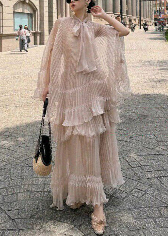 Italian Bow Wrinkled Top and a Line Skirts Two Pieces Set Summer