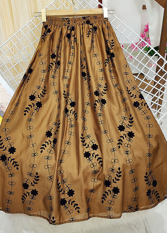 Italian Brown Print Elastic Waist Silk a Line Skirt Summer