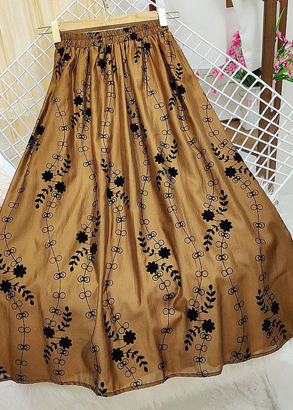 Italian Brown Print Elastic Waist Silk a Line Skirt Summer