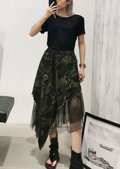 Italian Camouflage High Waist Denim Patchwork Tulle Asymmetrical Design Fall Skirts
