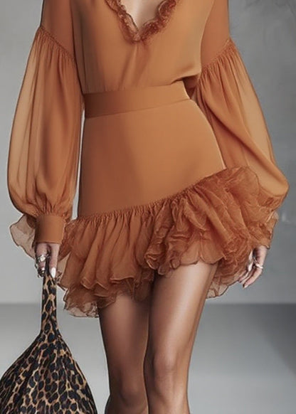 Italian Caramel Tunic Party Mid Dress V Neck Patchwork Lantern Sleeve