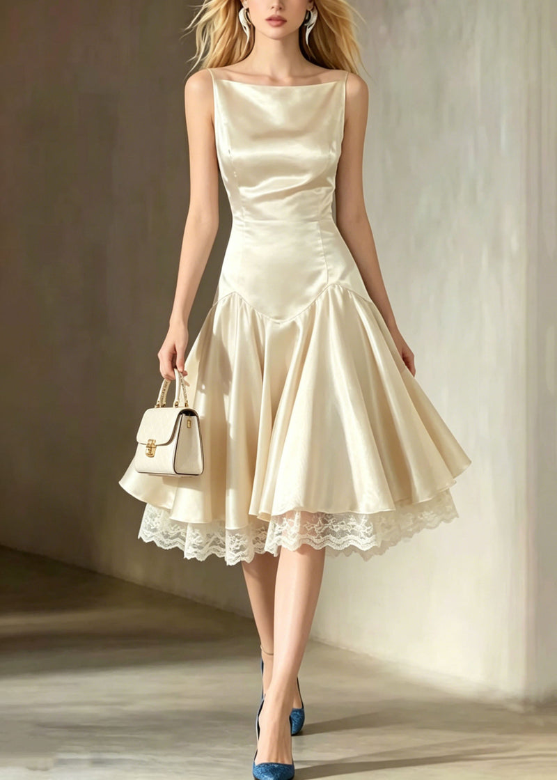 Italian Champagne Lace Patchwork Silk Spaghetti Strap Dress Summer