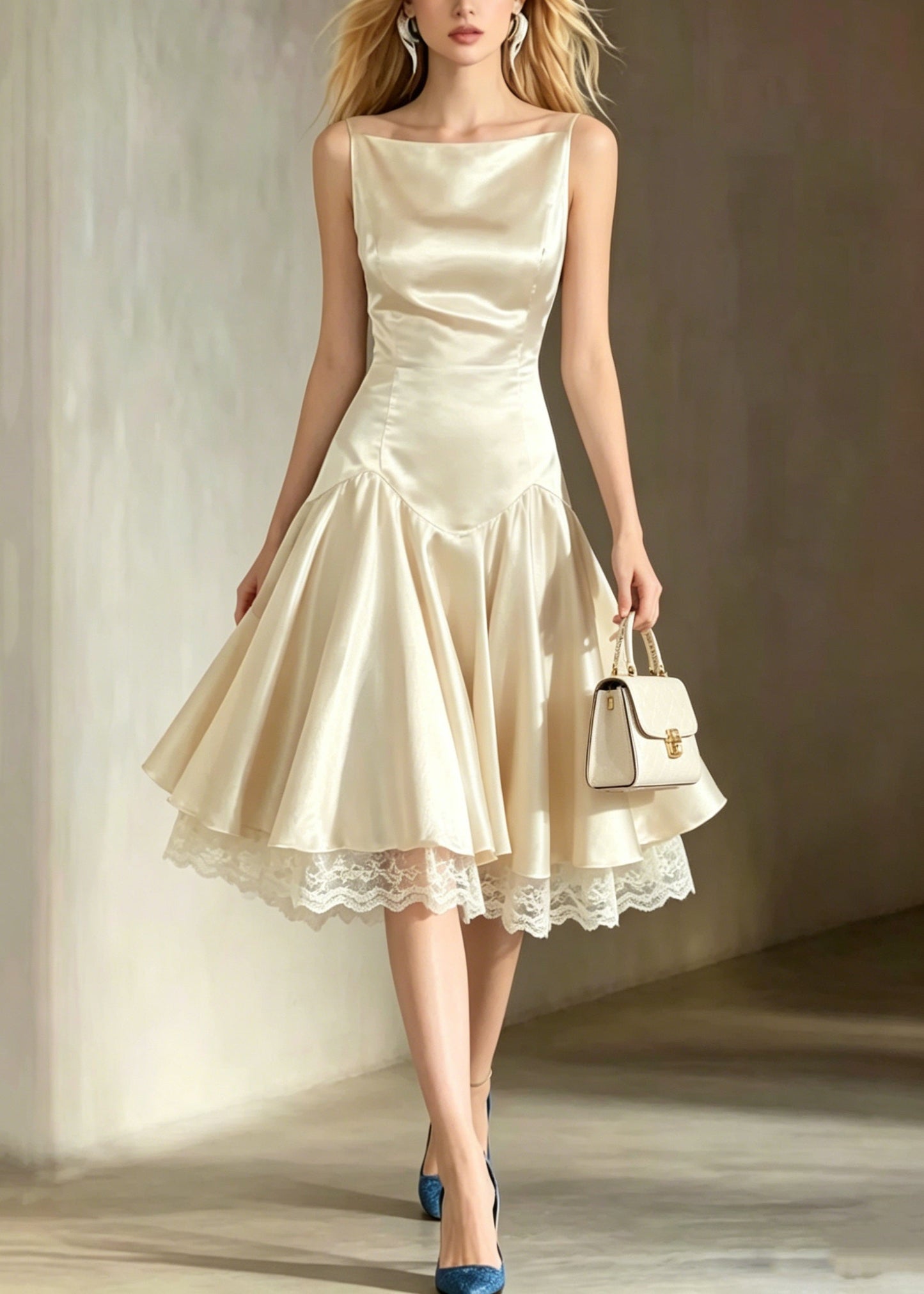 Italian Champagne Lace Patchwork Silk Spaghetti Strap Dress Summer