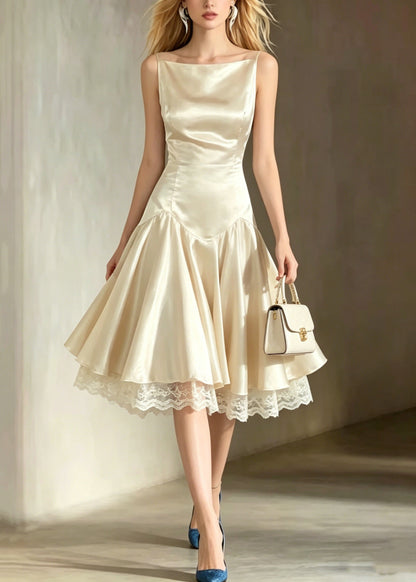 Italian Champagne Lace Patchwork Silk Spaghetti Strap Dress Summer