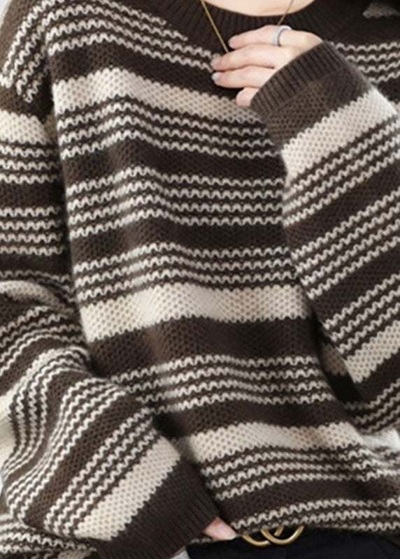 Italian Chocolate O-neck Chunky Oversized Striped Wool Knitted Sweaters Winter