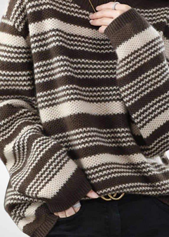 Italian Chocolate O-neck Chunky Oversized Striped Wool Knitted Sweaters Winter
