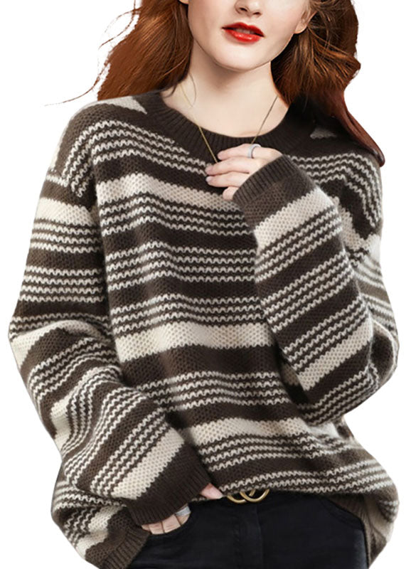 Italian Chocolate O-neck Chunky Oversized Striped Wool Knitted Sweaters Winter