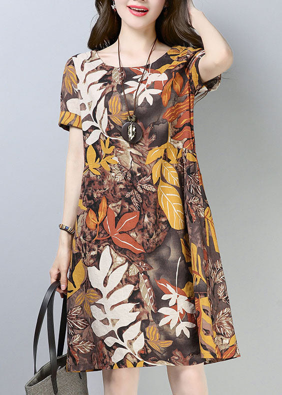 Italian Chocolate O-neck Leaf Print Cotton Party Dress Short Sleeve